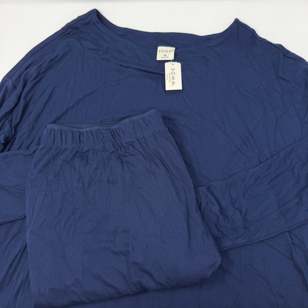 Soma Cool Nights Luxe Pajama Set XL Nightfall Navy Blue Long Sleeve Wide Leg NWT